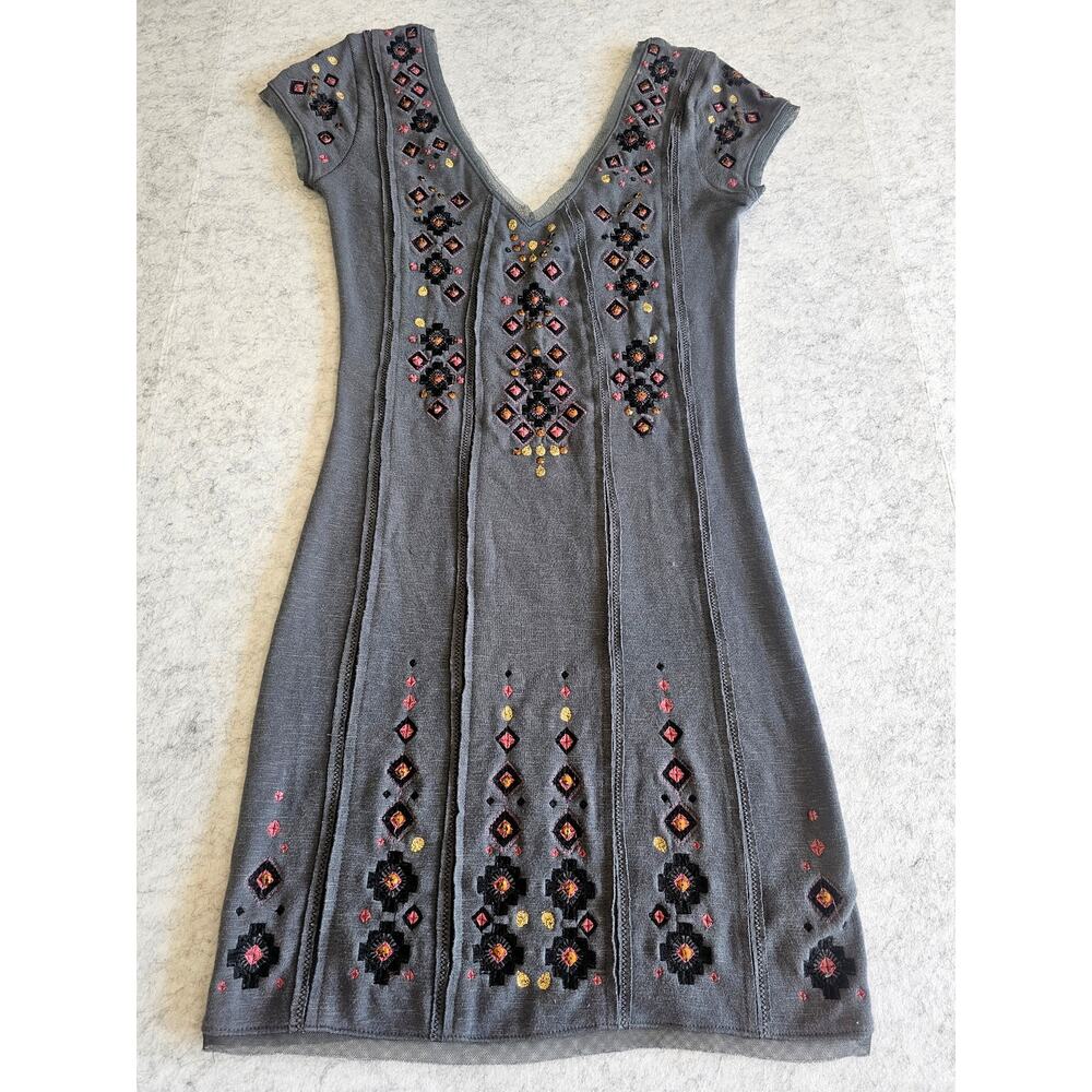 Free People Rich in Embroidery Mini Dress/ Gray, Sequins, Mesh Trim, New, Sz S - Picture 3 of 12
